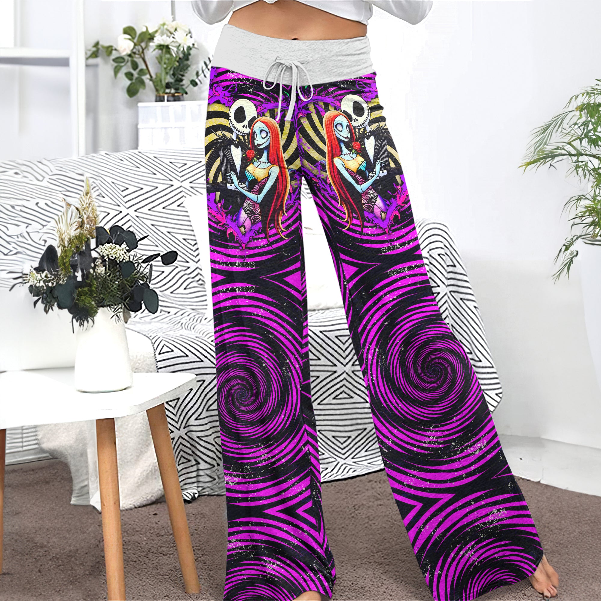 Purple Couple Nightmare Theme Women's High-waisted Wide Leg Pants | Wonder Skull