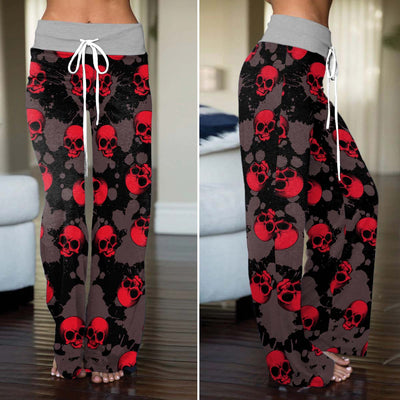 Red Reign Skulls Women's High-waisted Wide Leg Pants