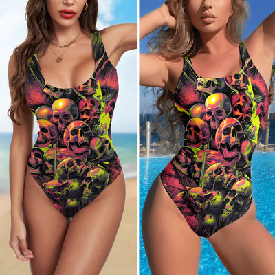 One Piece Bikini Neon Skull Pile Print Swimwear