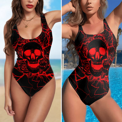 One Piece Bikini Thunderheart Roses Skull Print Swimwear