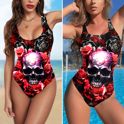 One Piece Bikini Red Skull Rose Grunge Print Swimwear