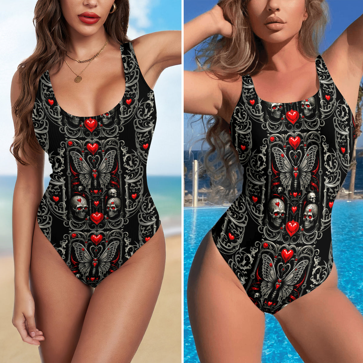 One Piece Bikini Crimson Relic Skull Tapestry Print Swimwear
