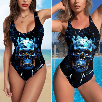 One Piece Bikini Blue Skull Power Art Print Swimwear