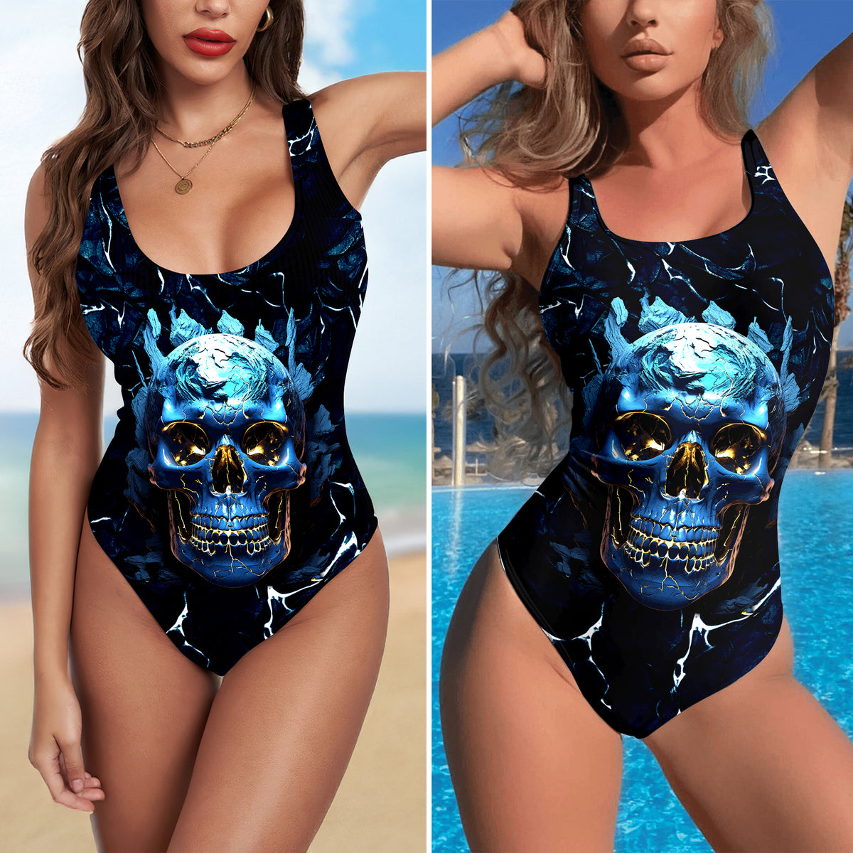 One Piece Bikini Blue Skull Power Art Print Swimwear