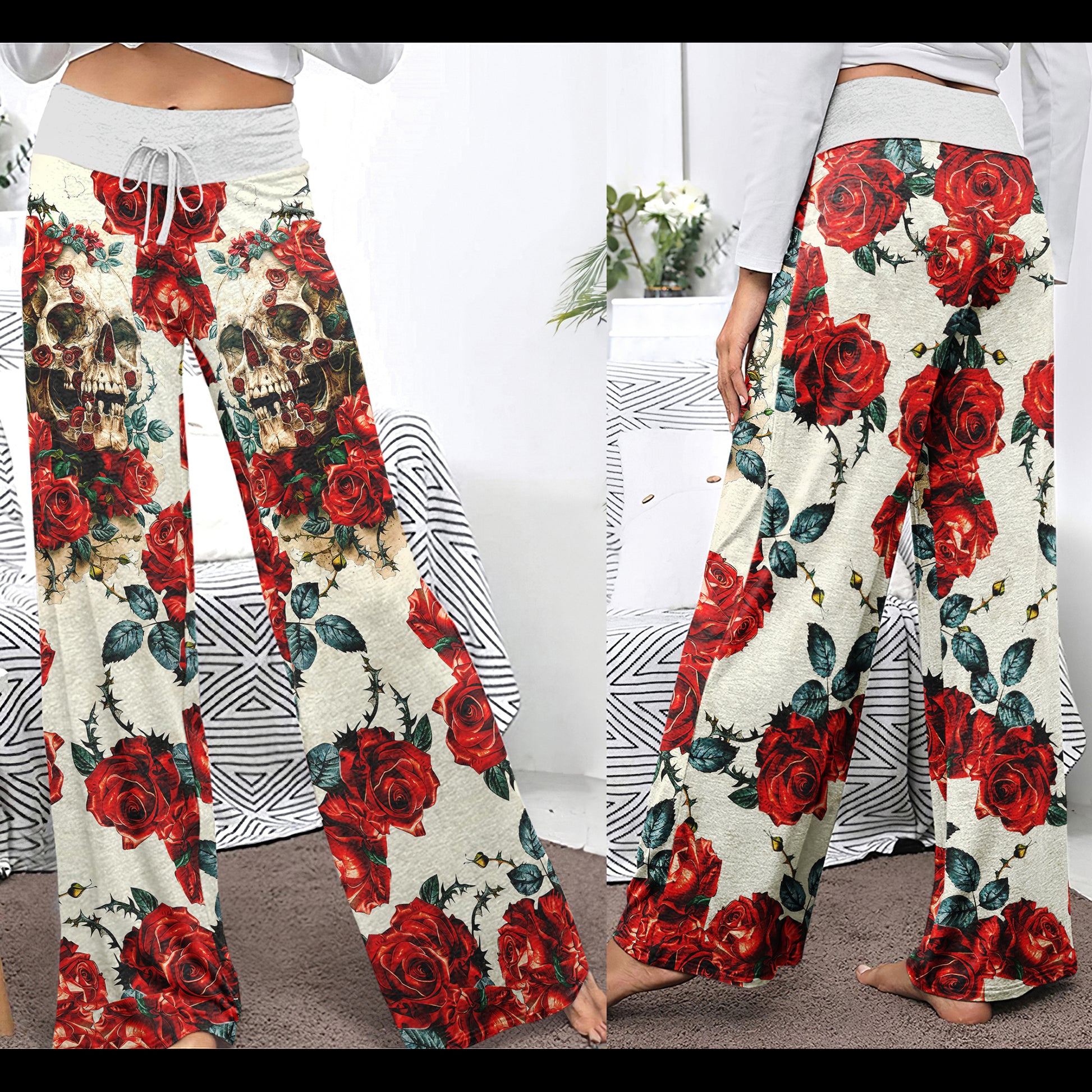 Retro Skull Roses Women's High-waisted Wide Leg Pants | Wonder Skull