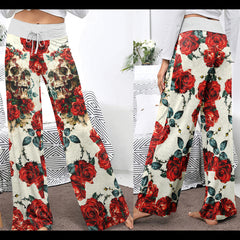 Retro Skull Roses Women's High-waisted Wide Leg Pants | Wonder Skull