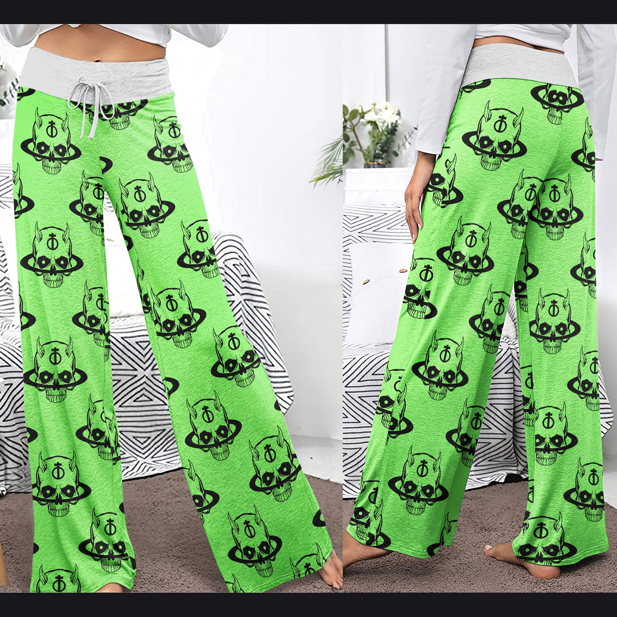 Green Baby Devil Art Women's High-waisted Wide Leg Pants | Wonder Skull