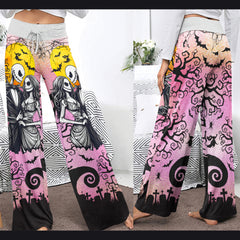 Pink Couple Nightmare Theme Women's High-waisted Wide Leg Pants | Wonder Skull