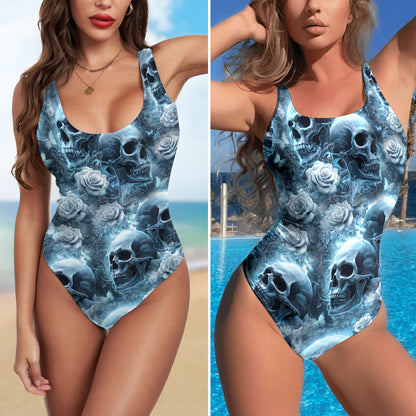 One Piece Bikini Frozen Skull Bloom Pattern Print Swimwear