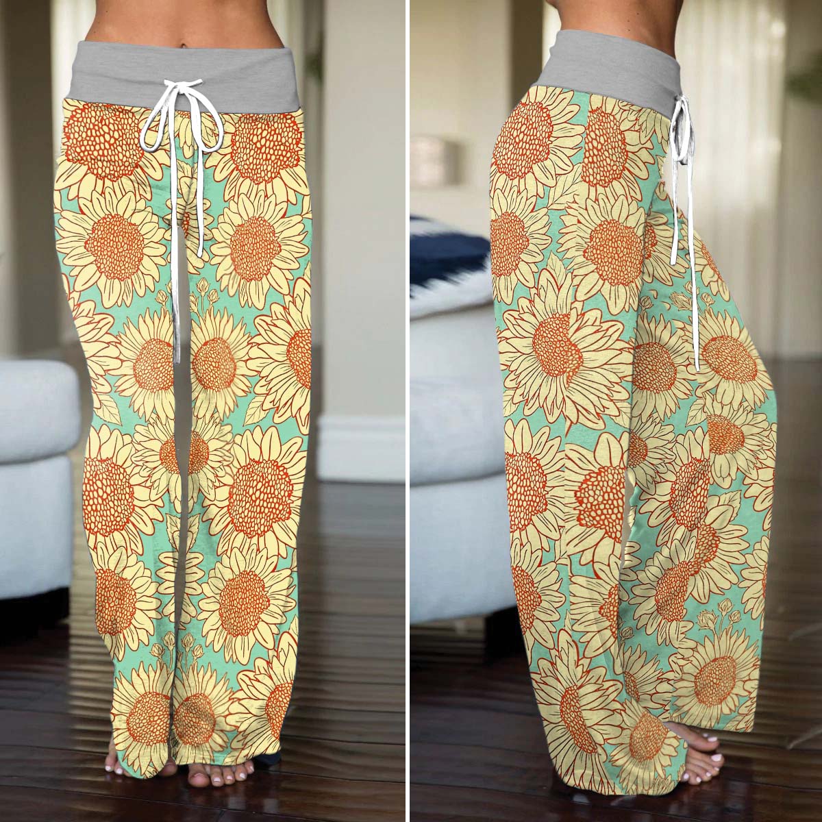 Vintage Mint Sunflower Women's High-waisted Wide Leg Pants
