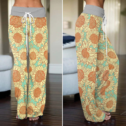 Vintage Mint Sunflower Women's High-waisted Wide Leg Pants