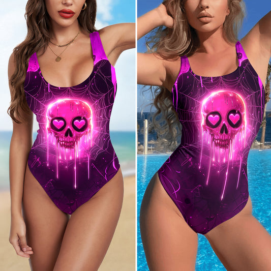 One Piece Bikini Pink Heartbreaker Skull Print Swimwear