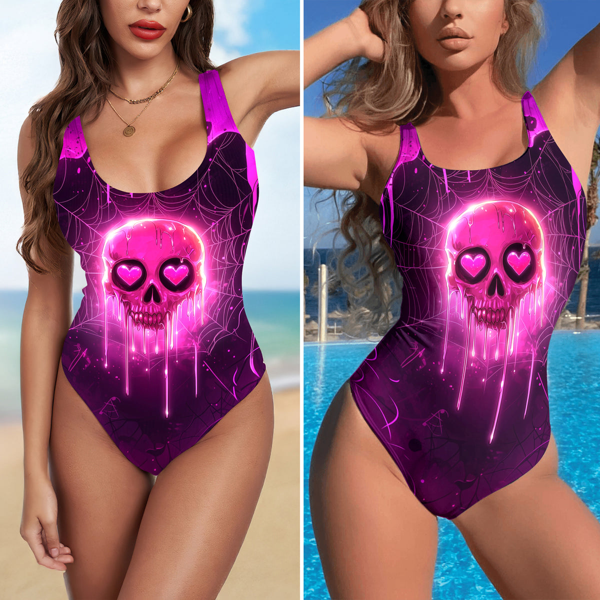 One Piece Bikini Pink Heartbreaker Skull Print Swimwear