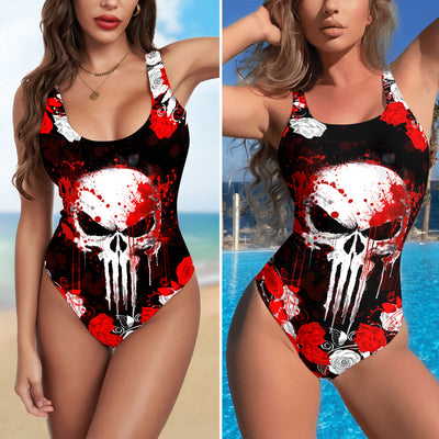 One Piece Bikini Blood & Roses Skull Print Swimwear