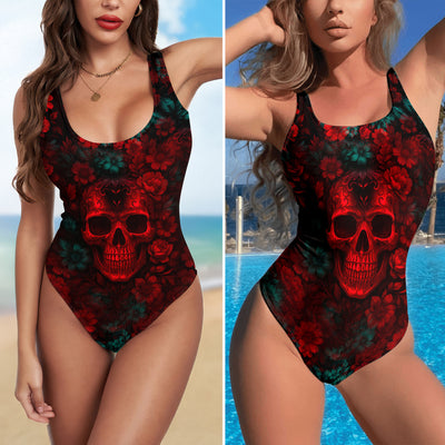 One Piece Bikini Floral Sinister Skull Glow Print Swimwear