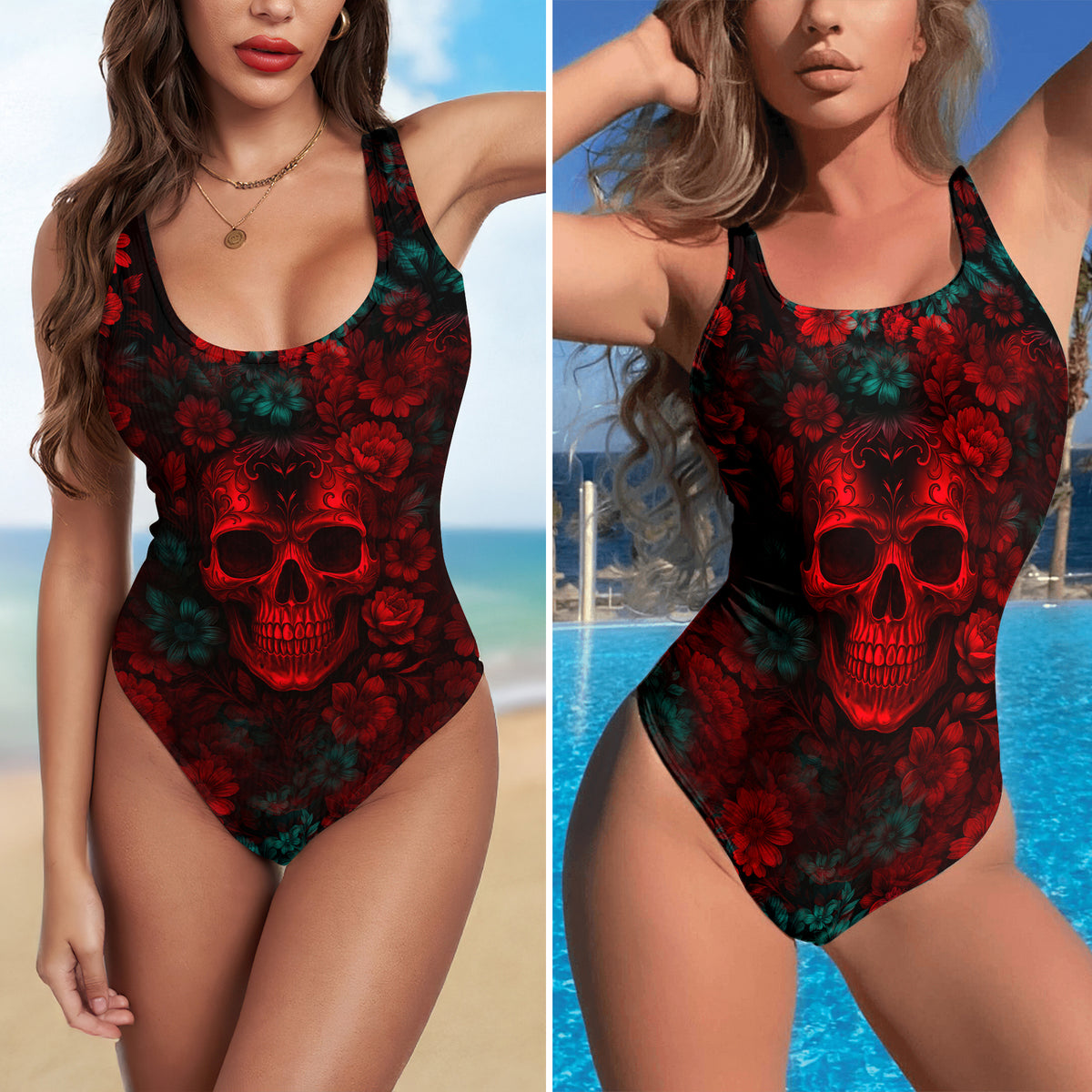 One Piece Bikini Floral Sinister Skull Glow Print Swimwear