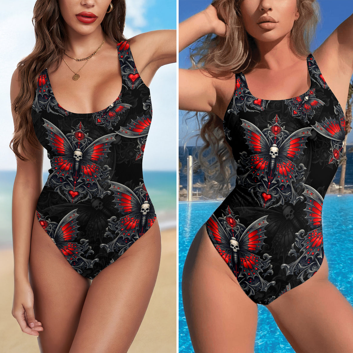 One Piece Bikini Red Butterfly Skull Gothic Print Swimwear