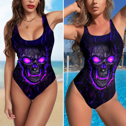One Piece Bikini Violet Volcano Skull Print Swimwear