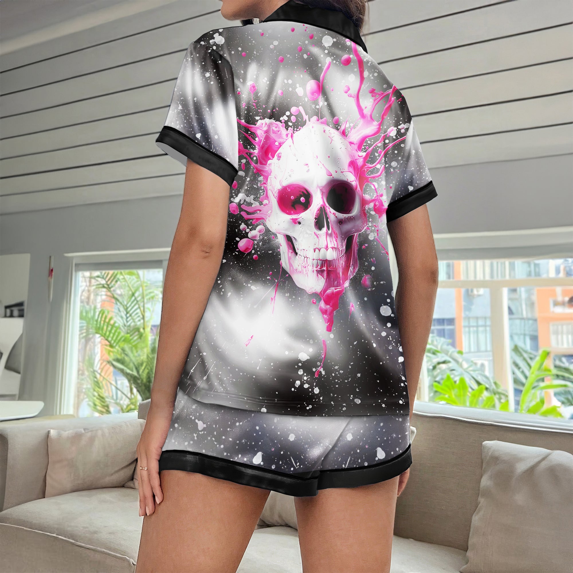 Pink Skull Melting Women's Pajama Sets Top Sleeve & Short Bottom