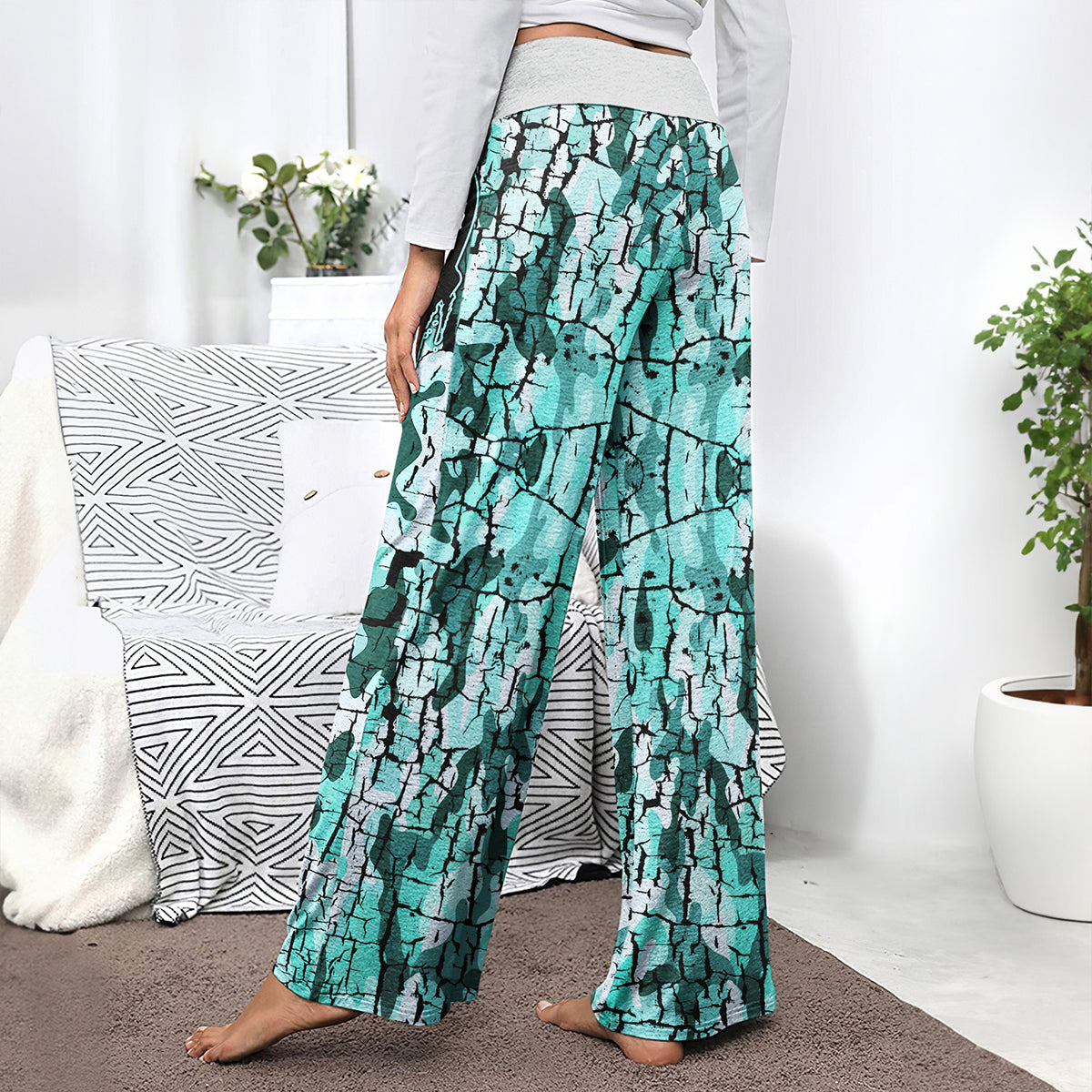 MintCream Skull Women's High-waisted Wide Leg Pants | Wonder Skull