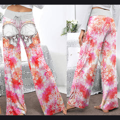 Pink Floral Skull Women's High-waisted Wide Leg Pants | Wonder Skull