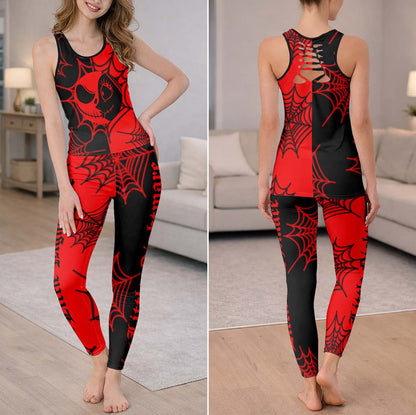 Red Spiderweb Skeleton Art Tanktop and Legging