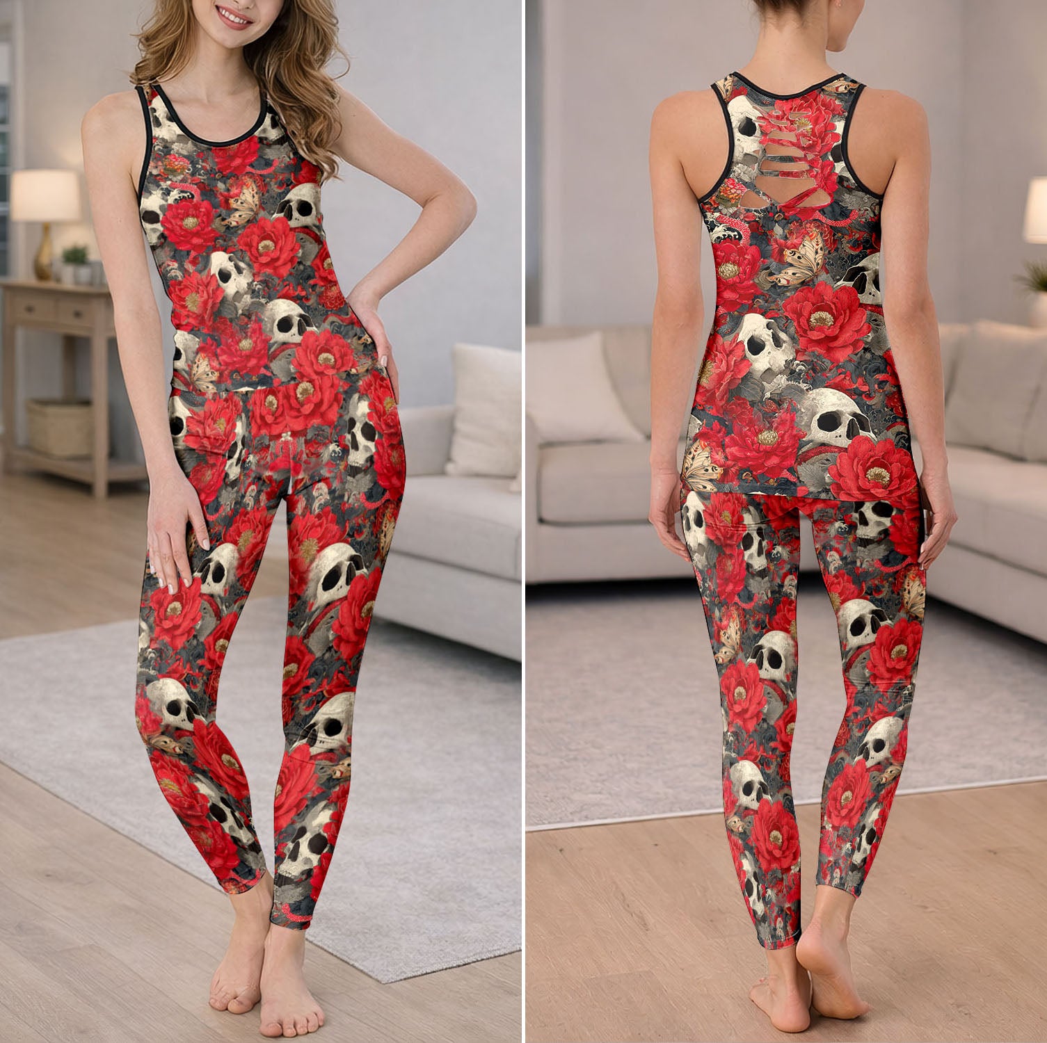 Dark Botanical Skull Art Tanktop and Legging
