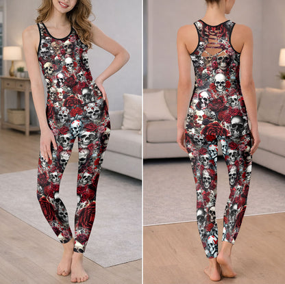 Artistic Skull Rose Montage Tanktop and Leggings