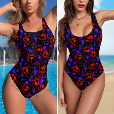 One Piece Bikini Crimson Ghost Florals Pattern Print Swimwear