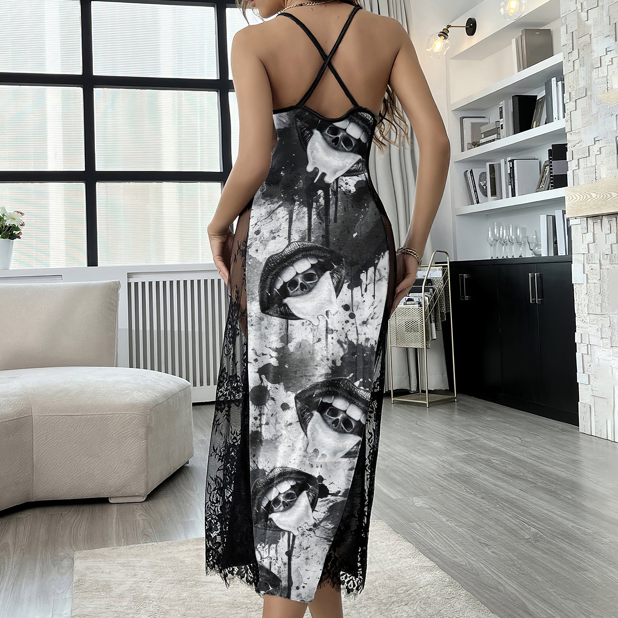 Gothic Skull Lip Pattern Women's Lace Cami Sleepwear