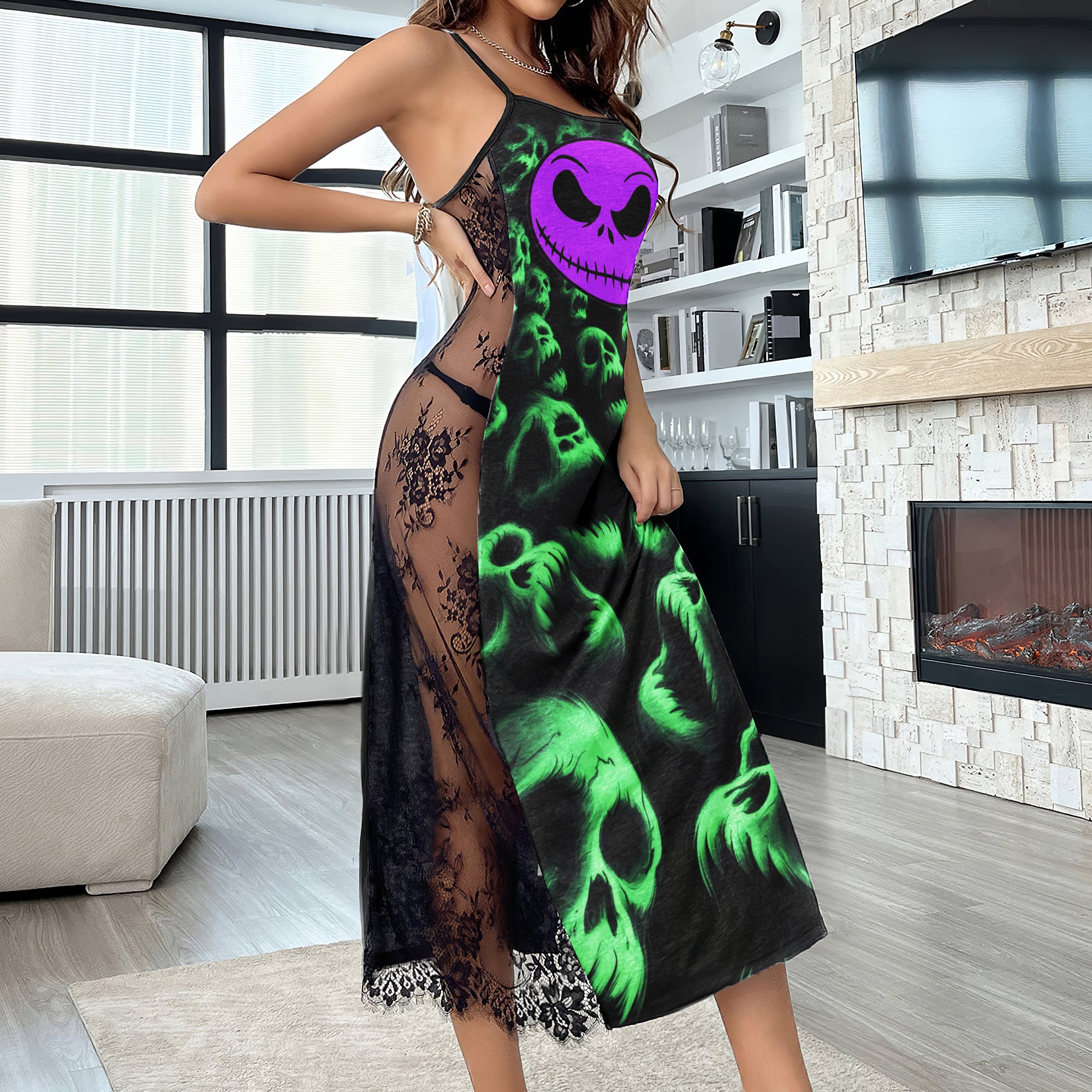 Neon Skull Abyss Pattern Lace Cami Sleepwear