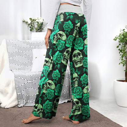 Gothic Green Pastel Skull Rose Women's High-waisted Wide Leg Pants | Wonder Skull