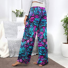 Pink Cyan Skull Floral Women's High-waisted Wide Leg Pants | Wonder Skull