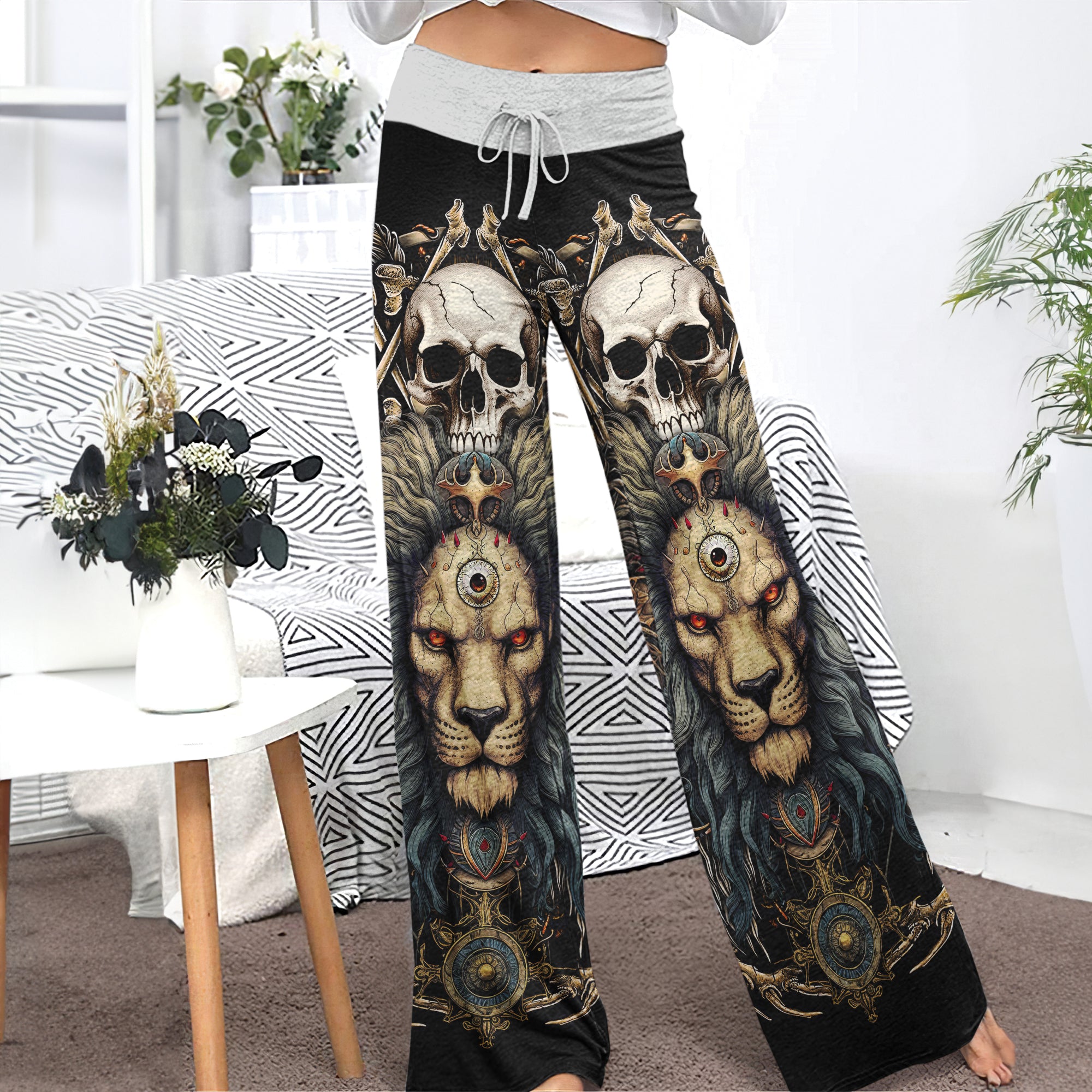 Skull King Lion Art Women's High-waisted Wide Leg Pants | Wonder Skull
