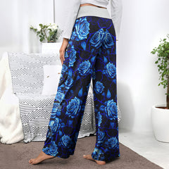 Blue Skull Rose Art Women's High-waisted Wide Leg Pants | Wonder Skull