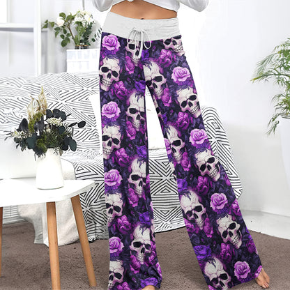Purple Skull Floral Women's High-waisted Wide Leg Pants | Wonder Skull