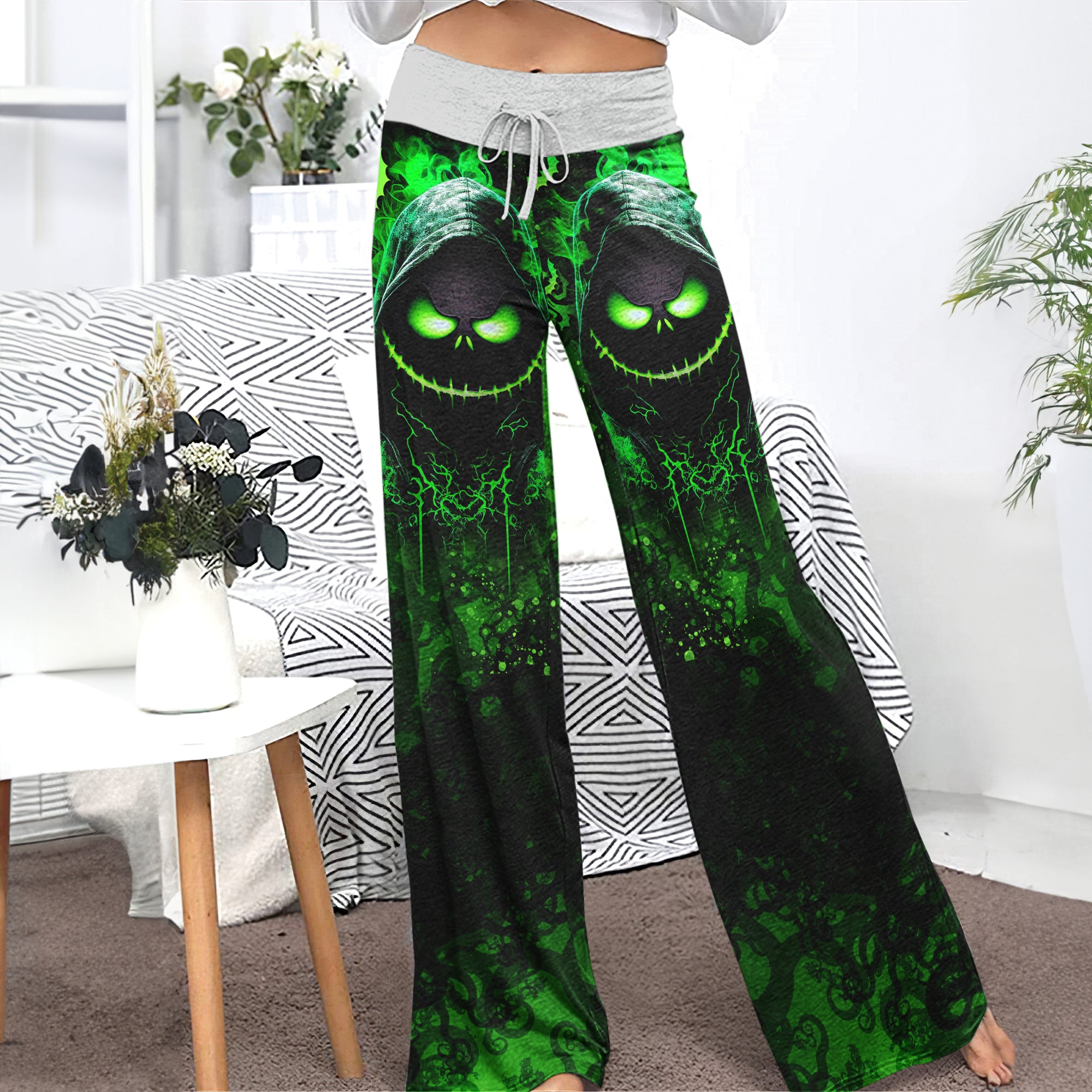 Dark Green Nightmare Theme Women's High-waisted Wide Leg Pants | Wonder Skull