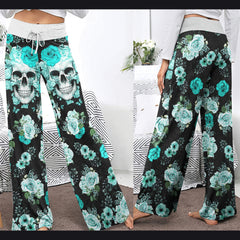 Cyan Skull Floral Art Women's High-waisted Wide Leg Pants | Wonder Skull