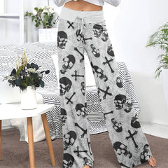 Grey Skull Cross Gothic Women's High-waisted Wide Leg Pants | Wonder Skull