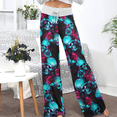 Cyan Skull Rose Gothic Women's High-waisted Wide Leg Pants | Wonder Skull