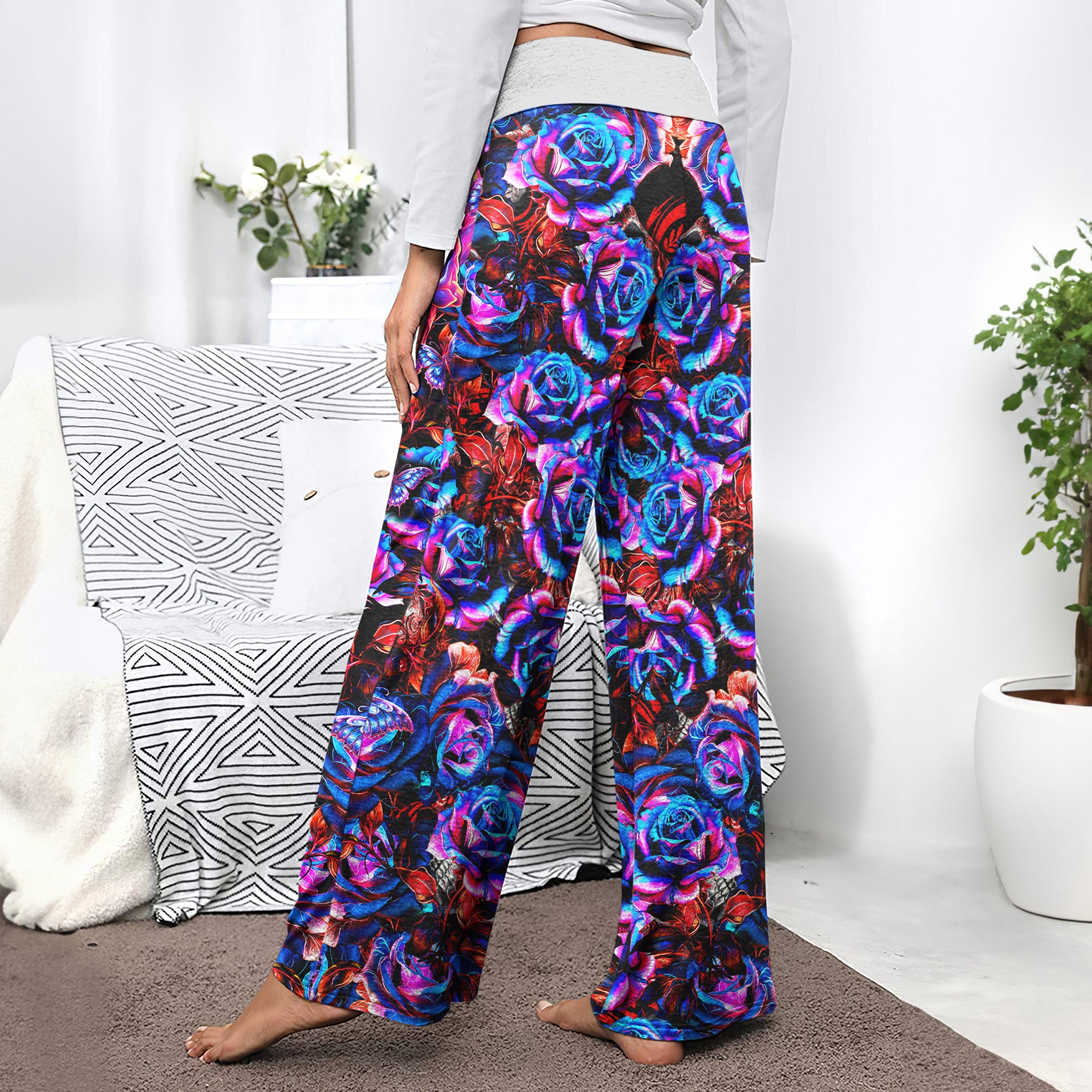 Skull Rose Art Women's High-waisted Wide Leg Pants | Wonder Skull