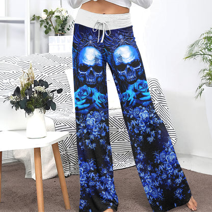 Dark Blue Skull Gothic Women's High-waisted Wide Leg Pants | Wonder Skull