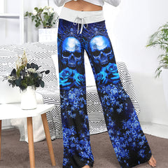 Dark Blue Skull Gothic Women's High-waisted Wide Leg Pants | Wonder Skull