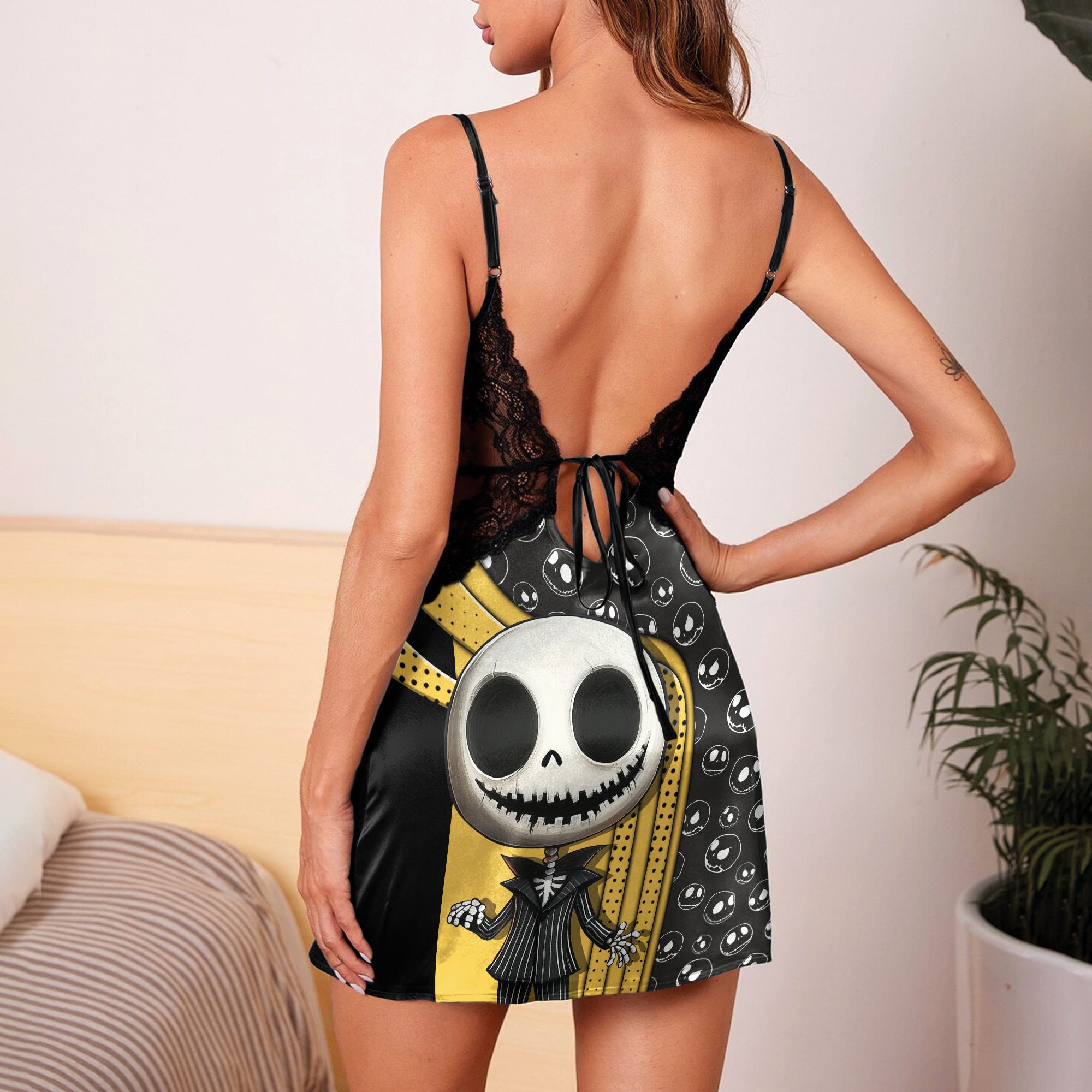 Yellow Nightmare Artwork Women's Back Lace Babydolls Nightgowns