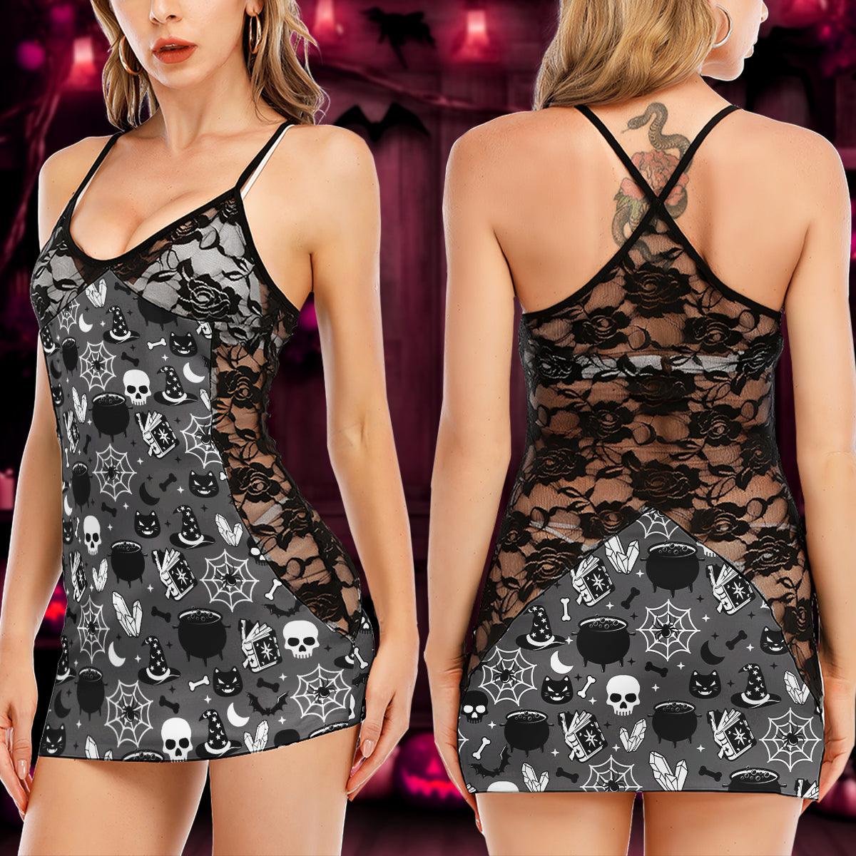 Witchy Skull Gothic Women's Black Lace Babydolls Nightgowns | Women Sleepwear Babydoll, Nightgowns