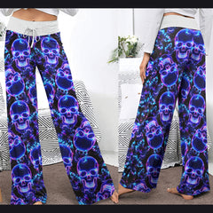 Violet Neon Skull Butterfly Women's High-waisted Wide Leg Pants | Wonder Skull