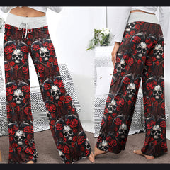 Heart Skull Rose Gothic Women's High-waisted Wide Leg Pants | Wonder Skull