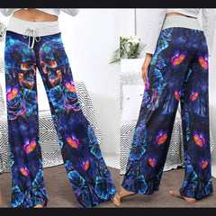 Dark Blue Effect Skull Women's High-waisted Wide Leg Pants | Wonder Skull