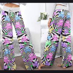 Skull Illusion Color Pattern Women's High-waisted Wide Leg Pants | Wonder Skull