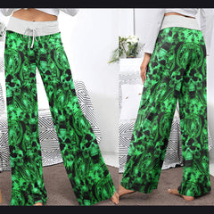 Green Skull Ghost Scared Women's High-waisted Wide Leg Pants | Wonder Skull